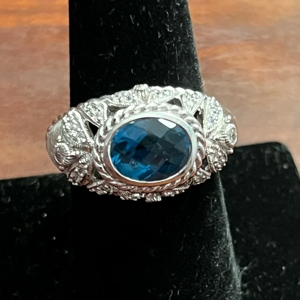 Judith Ripka London Blue Topaz Sterling Silver 925 Rope & Leaf Ring EC 8 #329 - Picture 4 of 12
